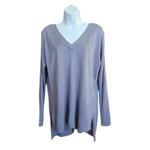Poof NY Womens Deep Vee Periwinkle Blue Sweater M Drop Hem Criss Cross Back Long